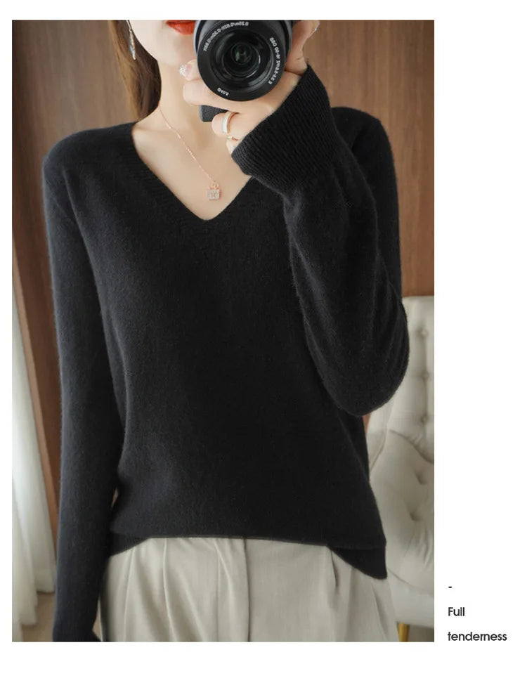 Women's Sweater 2025 Autumn Winter Knitted Pullovers V-neck Slim Fit Bottoming Shirt Solid Soft Knitwear Jumpers Basic Sweaters