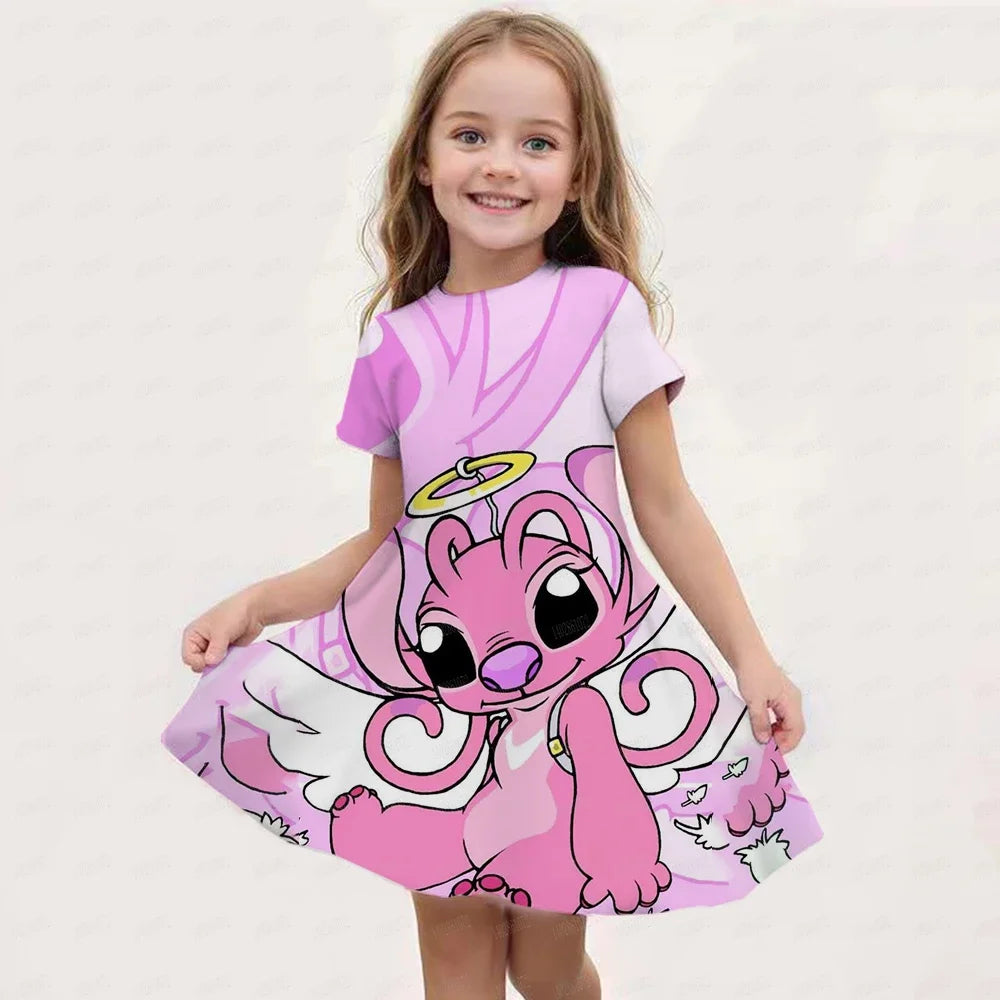 MINISO New Summer Girl Dress Disney Stitch Cute 3D Print Children's Clothing 2024 Cute Fashion Princess Cartoon Comfortable