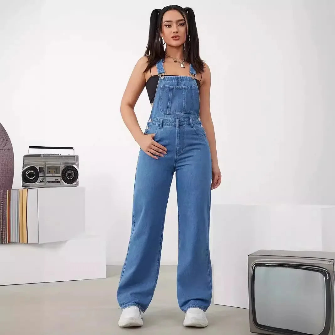 Hot Sale Womens Denim Bib Jumpsuits Casual Sleeveless Adjustable Straps Loose Baggy Cargo Jean Overalls Y2K Jumpers With Pockets