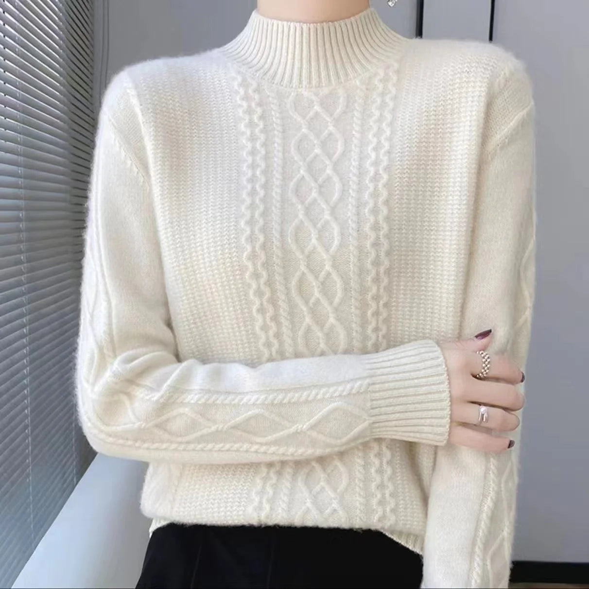 Women's Sweater Spring Autumn Outside Wear Pullovers Half High Collar Knitwear Fashion Long Sleeve Pull Femme Sueter Tops