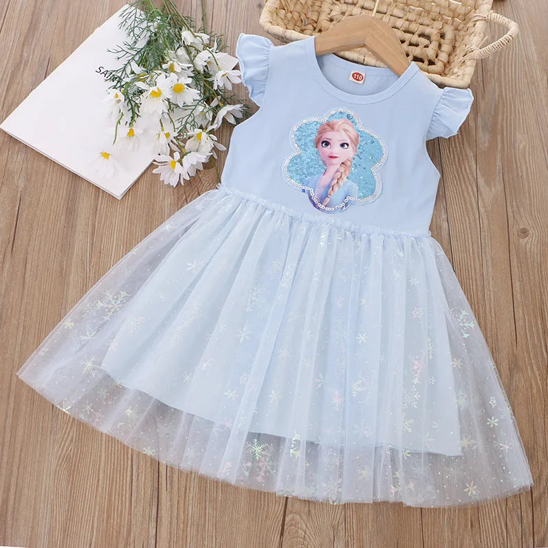 Girls Clothes 2025 New Summer Princess Dresses Flying Sleeve Kids Dress Frozen Elsa Party Baby Dresses for Children Clothing