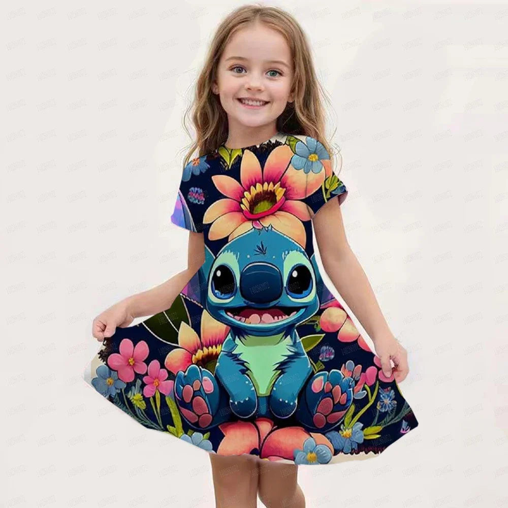 MINISO New Summer Girl Dress Disney Stitch Cute 3D Print Children's Clothing 2024 Cute Fashion Princess Cartoon Comfortable