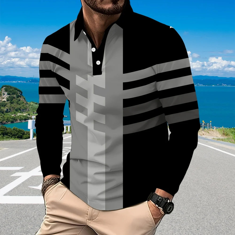 Fashion Black Striped Print 2024 Golf Wear Men White Collar Buttons Polo Shirt for Men Office Lapel Long Sleeves Men's Clothing