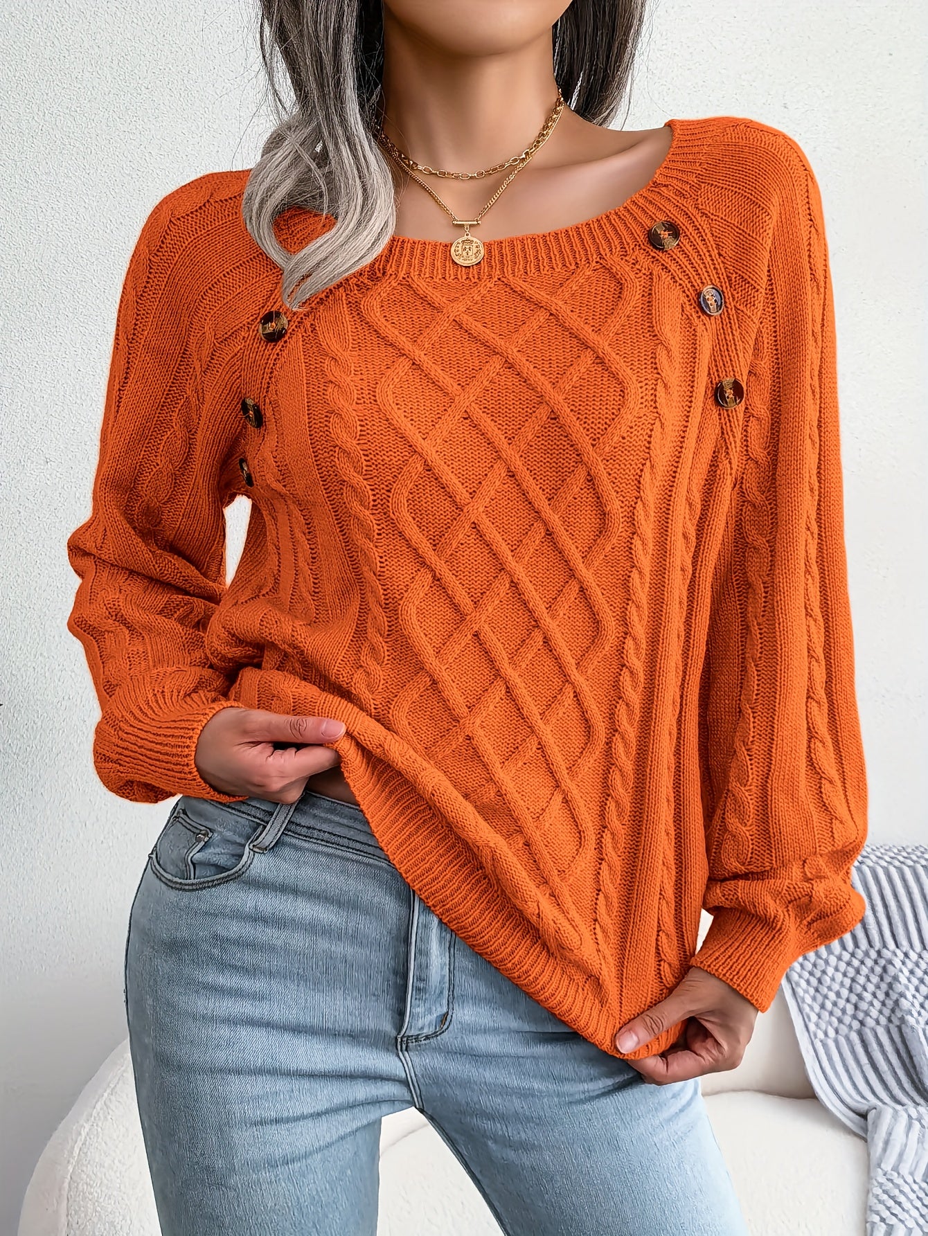 Texture Button Lantern Sleeve Sweater - Women's Round Neck Sweater