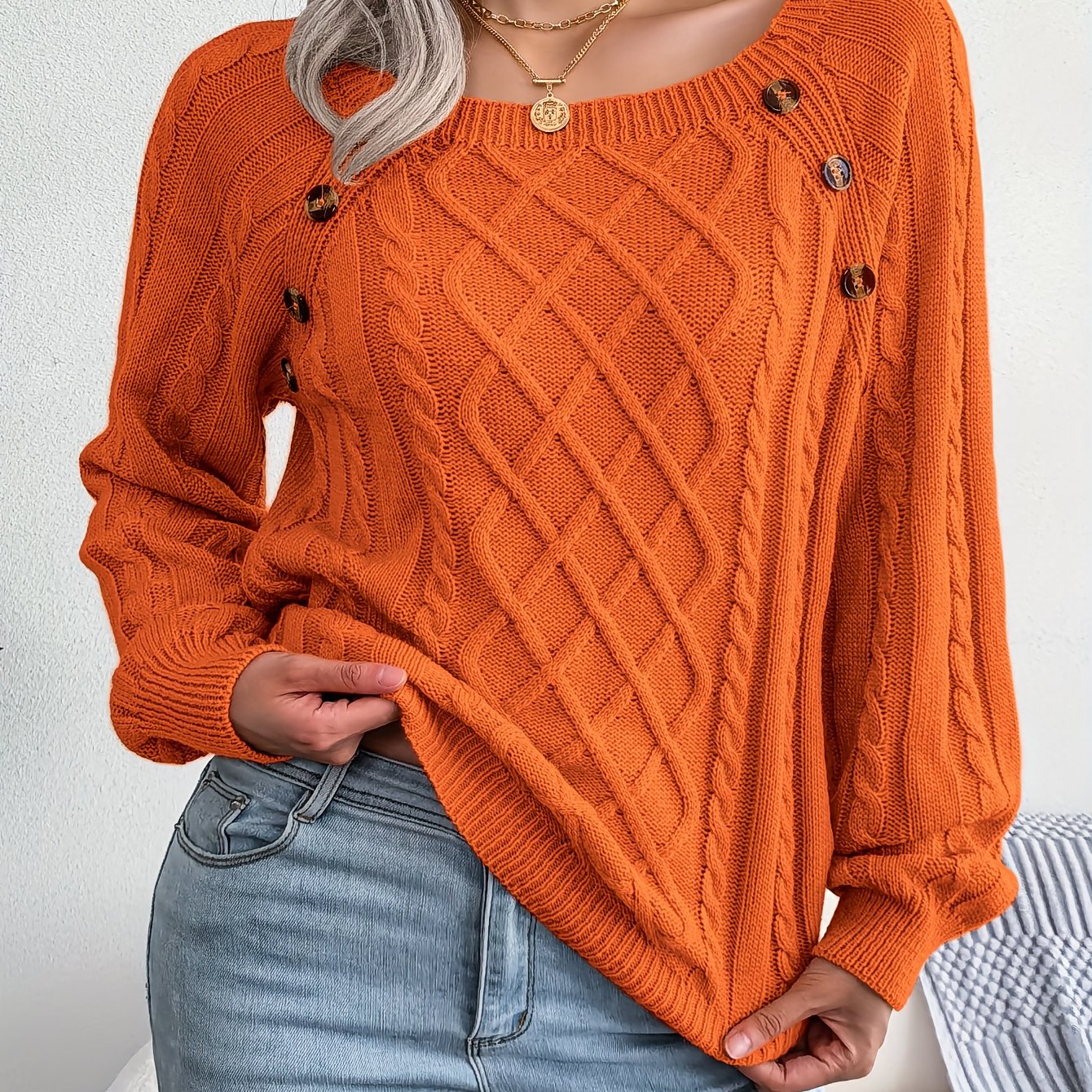 Texture Button Lantern Sleeve Sweater - Women's Round Neck Sweater