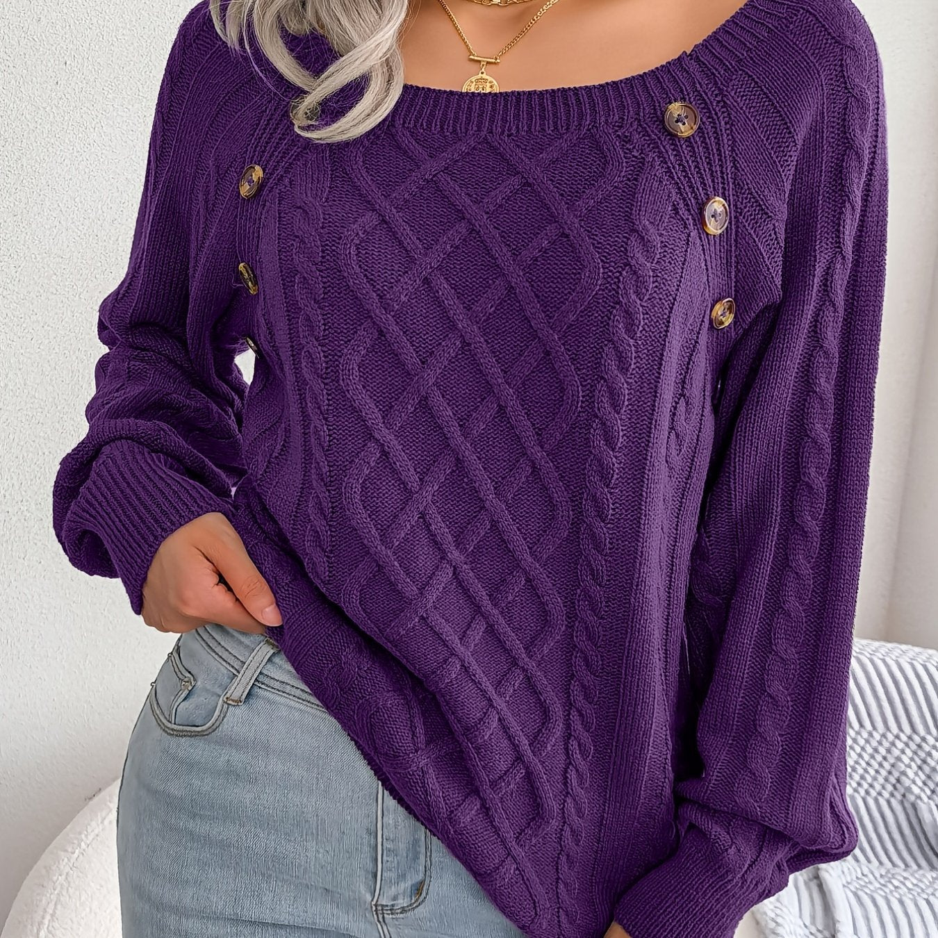 Texture Button Lantern Sleeve Sweater - Women's Round Neck Sweater