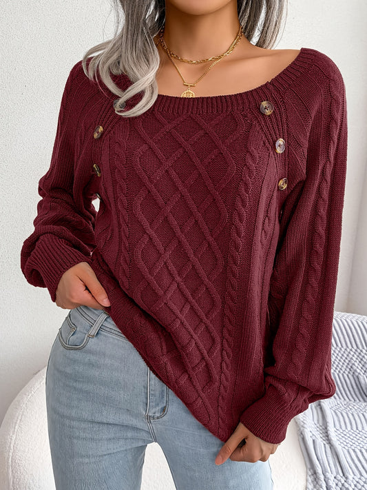 Texture Button Lantern Sleeve Sweater - Women's Round Neck Sweater
